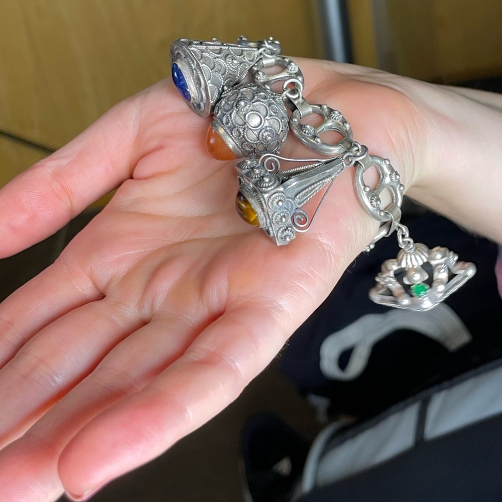 Etruscan Revival 1930 Italian Gypsy Charms Bracelet In Silver With Gemstones
